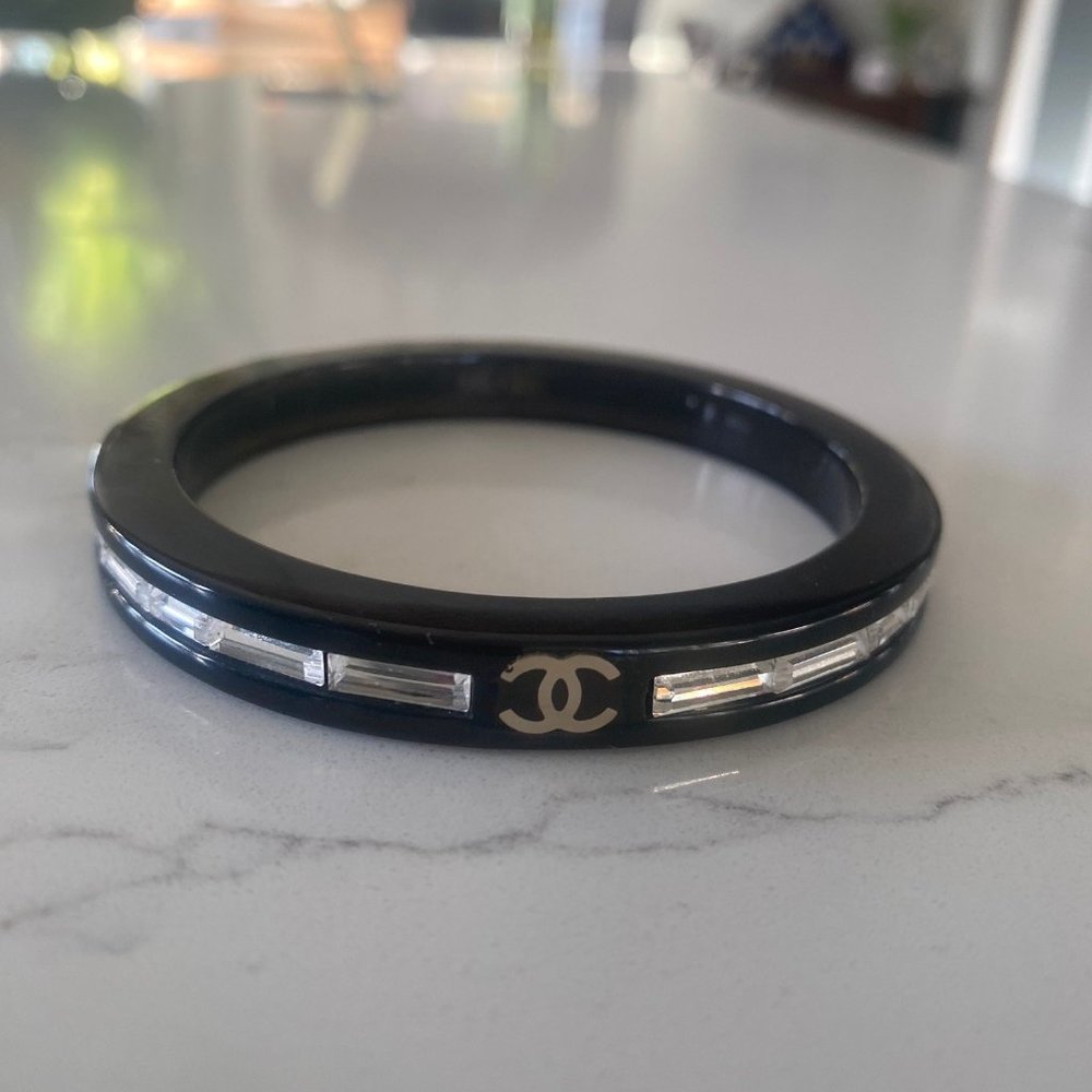 Chanel Black Resin and Crystal CC Logo Bangle Bracelet